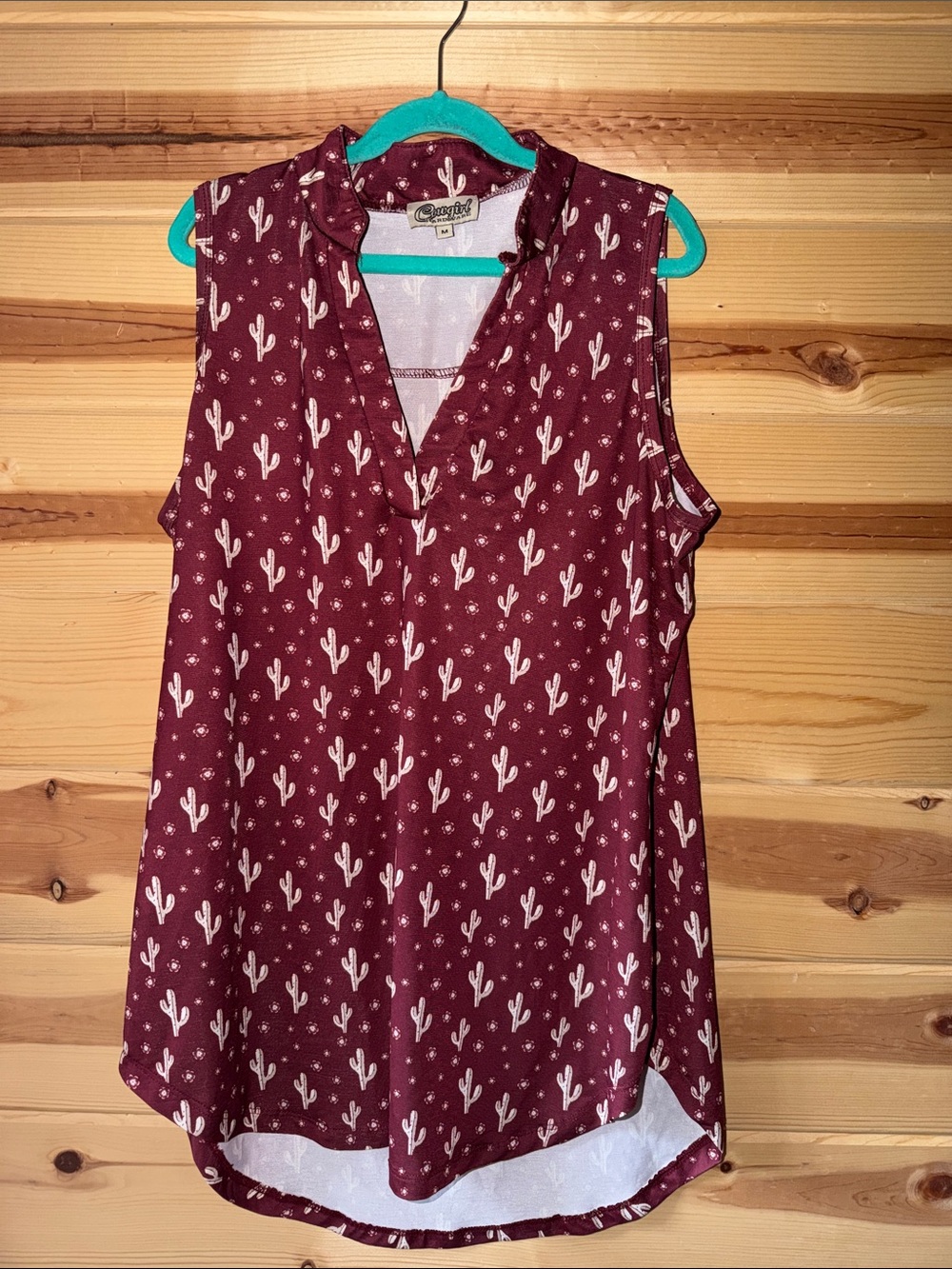 Cupio Burgundy Cactus Print V-Neck Sleeveless Camisole